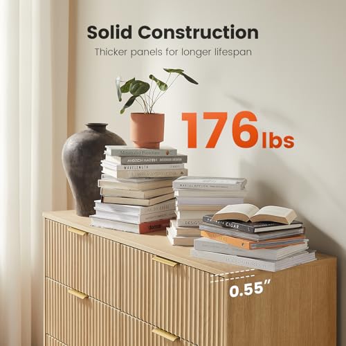 Image of Amada Fluted 6 Drawer Dresser, Modern Wood Chest of Drawers with Rounded Corners, Pre-Installed Drawer Slides, Dresser TV Stand and Storage Organizer for Bedroom, Nursery, Natural Oak