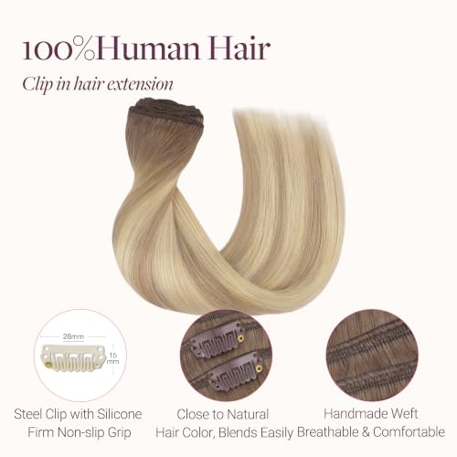 Image of GOO GOO Clip in Hair Extensions Real Human Hair, Clip Ins for Women Instant Volume Natural Blend Beginner Friendly Daily Wear, 22inch 170g 7Pcs, #R5E /9A /60H Espresso Root Ash Blonde Balayage