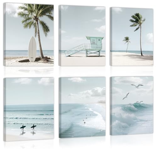 Image of CHDITB Beach Canvas Wall Art, Coastal Palm Tree Surfboard Wall Decor, Ocean Wave Seagull Artwork, Minimalist Surfing Pictures, Tropical Beach Prints for Bathroom Living Room seaside Bedroom 8 inchx10 inchx6