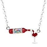 Bonsny - Collar con colgante de botella de vino tinto de aleación esmaltada con forma de corazón para mujer y niña