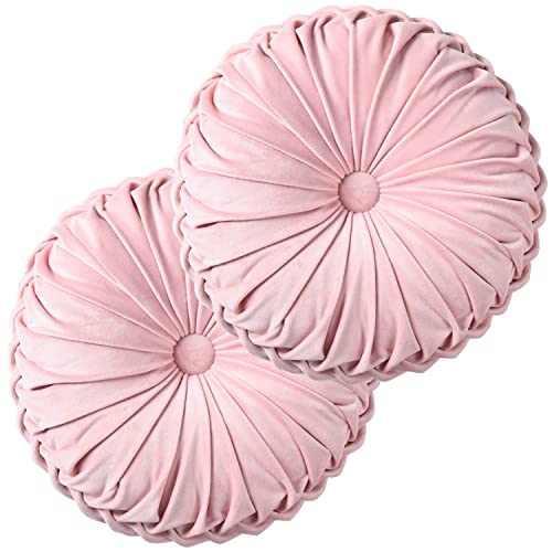 Hig Set Of 2 Decorative Round Pleated Throw Pillows, Classy Accent Pumpkin Throw Pillows With Center Button, Vintage Velvet Floor Pillows For Sofa Couch Vanity Chair Bed, Pink, 14.5" Diameter(Ripple) #TOP5