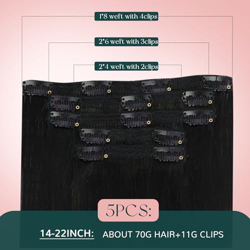 Image of Easyouth 20 Inch Clip in Extensions Human Hair Balayage Brown Ombre Black Fading to with Caramel Blonde Real Silky Straight 70g /5pcs, 2.4692 Ounce
