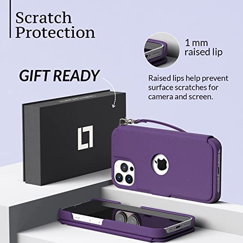 Image of Compatible With iPhone 12 Wallet case for Women & Men - 12 Pro case with Card Holder [Slim and Durable] Faux Leather - Flip Cell Phone case, Folio Credit Cover - Purple [Includes Wristlet]