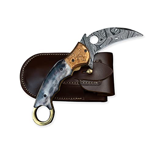 Morf Steelware Handmade Damascus Steel Folding Karambit Pocket Knife With Personalized Sheath For Men - Ideal For Hunting, Camping, Hiking, And Gifting #TOP4