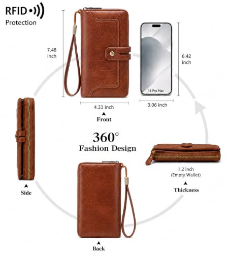 Image of Womens Wallet Rfid Blocking Bifold Leather Wristlet Cute Long Clutch Brown | Large Capacity Card Holder Wallet Purse with Zipper,ID Window,Strap for Female Ladies Teen Girls