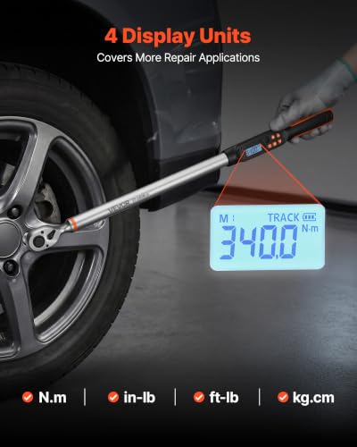 Image of VEVOR Torque Wrench Set 1 /2 inch Drive Digital Torque Wrench 4 Display Units, ±2% Accuracy, LCD Screen, with Buzzer and LED Indicator, with Sockets, Extension Bar, Adapter, for Automotive Repair