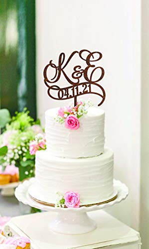 Personalized Wedding Cake Topper Initial Cake Topper K Wedding cake topper E Rustic wedding cake topper wood Gold Monogram cake topper date