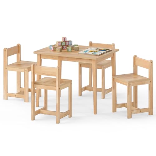 Condition photo showing New/Like New for costzon kids table and chairs, 5 pieces rubber wood toddler desk set for arts, crafts, homework & snack time, kindergarten & playroom,toddler table and chair set for children 4+ years old (natural)