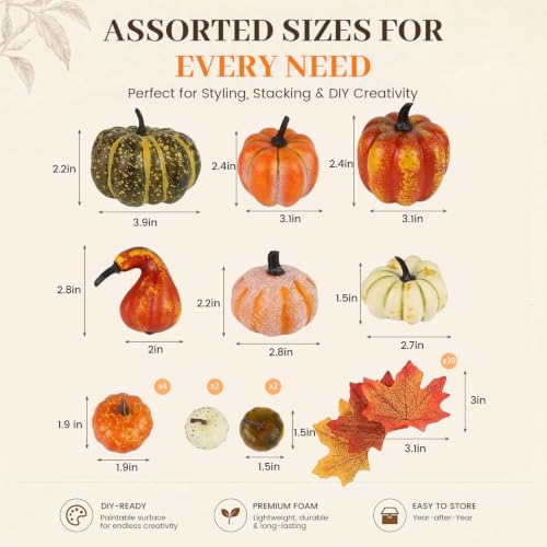 HAKACC 14 PCS Artificial Mixed Pumpkins for Decorating, Fake Pumpkins with 30PCS Fake Maple Leaves Thanksgiving Fall Harvest Decorations for Home, Fall Table Decor