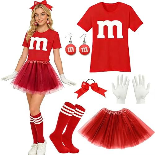 RIRIDAMAI M und M Kostüm Damen Set M Aufdruck Tshirt Faschingskostüme GruppenKostüm mit Tutu Handschuhe Streifensocken Haarschleife Ohrringe für Karneval Fasching Mottoparty