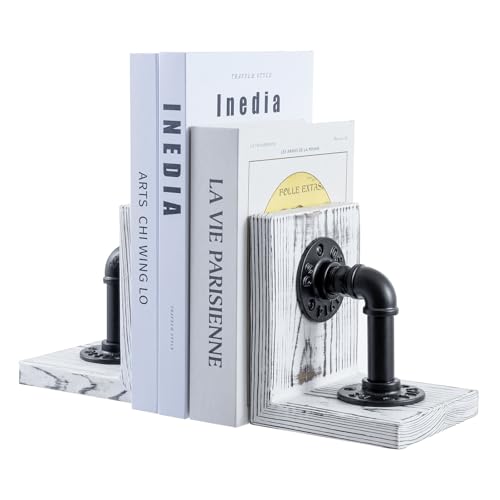 MyGift Decorative Bookends, Office Book Ends for Shelves, Book Holder L-Shaped Stand Desktop, Whitewashed Solid Wood with Realistic Industrial Pipe Design