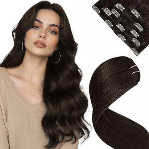 LaaVoo Real Hair Extensions Clip on Human Hair Darkest Brown Clip in Hair Extensions Real Human Hair Brown Human Hair Clip in Extension Double Weft 16 Inch 5pcs 80G