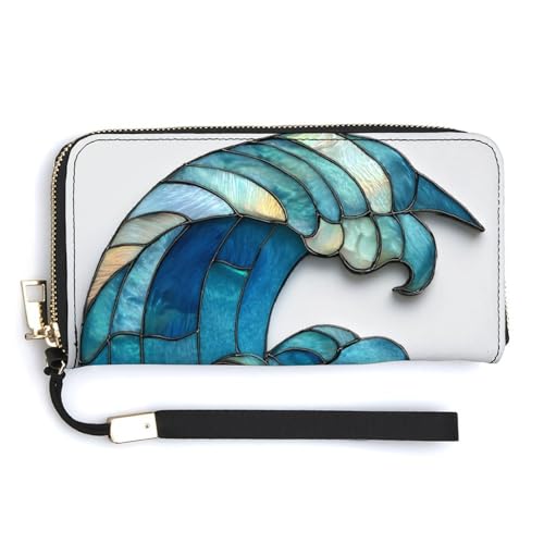 Crescent Moon Shape Ocean Wave PU Leather Clutch Long Bifold Wallet, Coin Purse Credit Pass Case, Durable Card-Holder Money Storage for Women Men