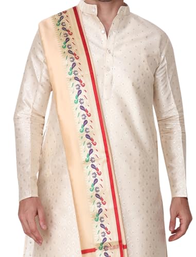 Image of Rameshwaram Fabrics Readymade Dhoti for Men, Velcro Style Stitched Mens Silk Dhoti Pant with Stole Set