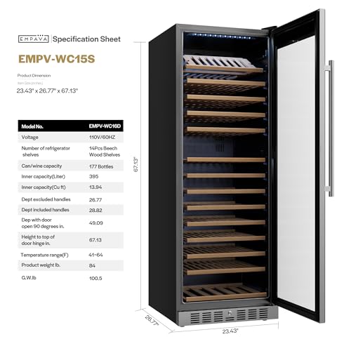 Image of Empava 24 inch Wine Cooler Refrigerator with Glass Door, Freestanding or Built In Tall Fridge with LED Light, Touch Control, 177 Bottles Capacity