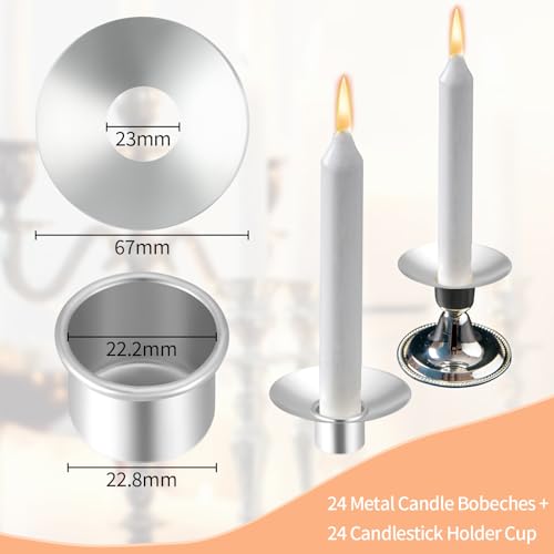 24 Pieces Metal Candlestick Bobeches with Silver Metal Candle Inserts and Round Candle Drip Catchers for Wedding, Holiday, Church and Home (5.7