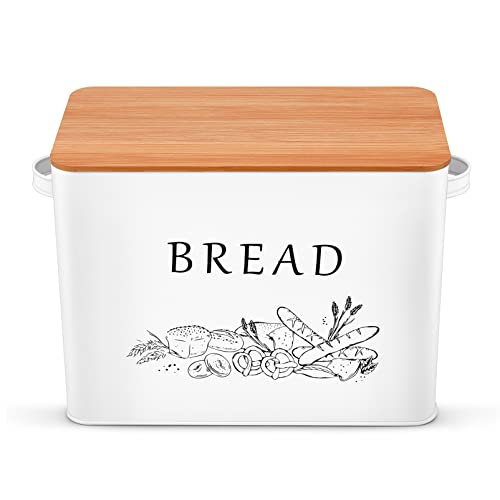 P&P Chef White Bread Box For Kitchen Counter, Metal Bread Storage Bin With Wooden Cutting Lid, Large Capacity For Holding 2+ Loaves, Retro Modern Style, Size 13” X 7.2” X 9.7” #TOP4