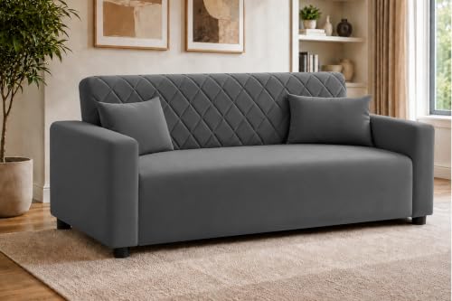 Image of Rosebell 3 Seater Wooden Sofa for Living Room, Modern Fabric Upholstered Sofa with Quilted Backrest, Cushioned Seating, Padded Armrests & Sturdy Wooden Frame - Grey