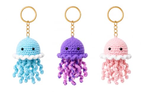 Image of Handmade Crochet Keychain | Cute Knitted Key Ring Charm | Crochet Animal, Fruit, Flower, Evil Eye & Food Plush Keychain for Car Keys, Backpack, Handbag & Gift (Pack of 1) (Jellyfish)