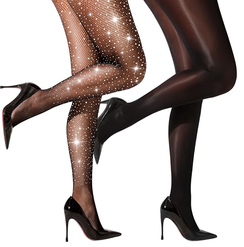 Image of VEBZIN 2 Pairs of Women's Sheer Tights, Fishnet Tights Match Sets Sparkly Tights Sheer Stockings Pantyhose