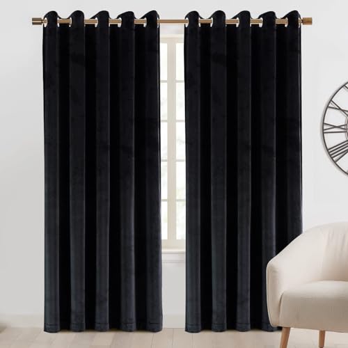 Imperial Rooms Crushed Velvet Curtains 90 x 90 Blackout Window Curtain for Living Room Fully Lined Soft Black Bedroom Curtains Eyelet 2 Panels + Matching Tie Backs (228cm x 228cm)