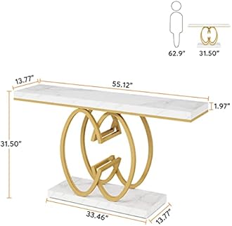Tribesigns 140cm C Shape Faux Marble Hall Console Table Gold Faux Marble Entrance Table Modern Accent Table for Living Room Hallway Sofa Gold White