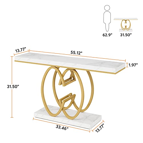 Tribesigns 140cm C Shape Faux Marble Hall Console Table Gold Faux Marble Entrance Table Modern Accent Table for Living Room Hallway Sofa Gold White