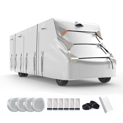 FRUNO Oxford Fabric Class C RV Cover Fits 29'-32' Waterproof Rip-Resistant Anti-UV Motorhome Camper Cover for Winter Snow with 4 Tire Covers and Gutter Covers
