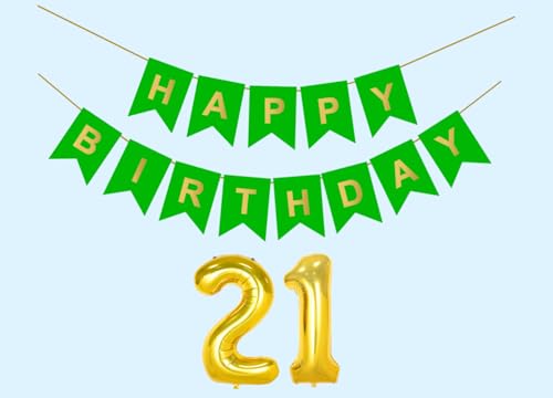Image of 21st Happy Birthday Decoration Kit Green for 21 year Old Boys Girls Men Women with Number Twenty-one Party Decorations Decor Celebration Items Item Set Combo Reusable Paper Banner