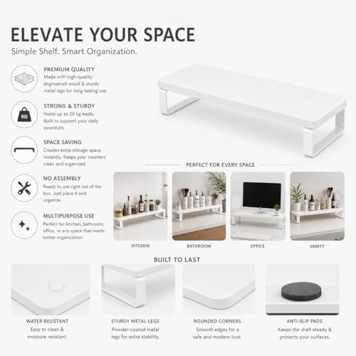 Image of Decorlay Engineered Wood Monitor Stand Riser for Desktop Computer & Laptop | Heavy Duty White Metal Frame | Ergonomic Monitor Shelf with Keyboard Storage | Space Saving Desk Organizer | Full White