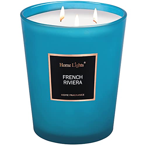 HomeLights Scented Candles | Large Jar Candle - 33.3 Oz. Natural Soy Aromatherapy Candles | Up to 70 Hours Burn Time with 3 Cotton Wicks, Home Decorative Fragrance Candles Gift - French Riviera