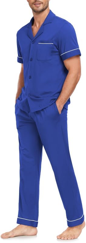 COLORFULLEAF Men's 100% Cotton Pajamas Set Button Down Short Sleeve Sleepwear Long Pants Pjs for Men with pockets
