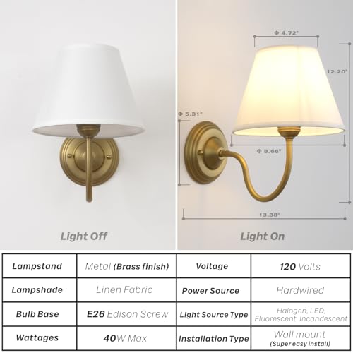 Image of Vintage Curved Arm Fabric Wall Sconce with Linen Cloth Shade, Hardwired Indoor Single Sconce Light Wall Mounted Lamp for Bedroom Living Room Stairs Hallway