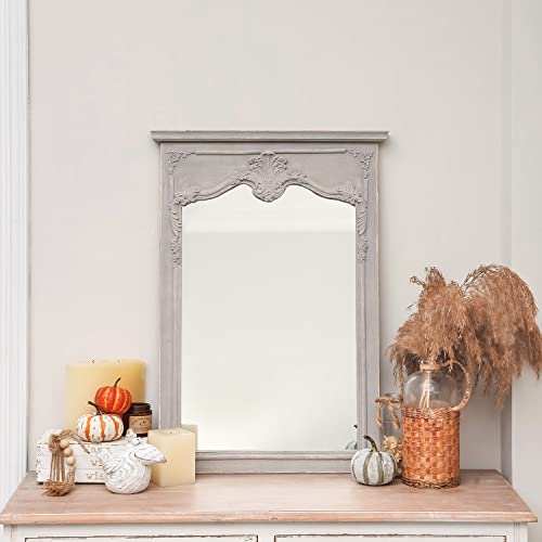 Nikky Home Vintage Wood Framed Arendahl Wall Mirror 19" X 28", Distressed Grey Rustic Arched Mirror, Ornate Baroque Bathroom Mirrors, Traditional Decorative Mirrors For Bedroom Living Room #TOP1