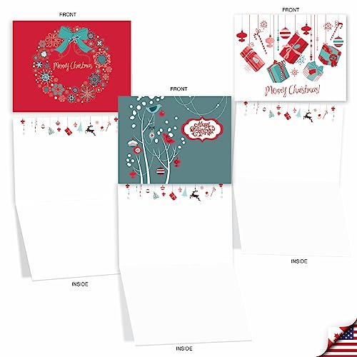 Image of The Best Card Company - 10 Blank Merry Christmas Note Cards (4 x 5.12 Inch) - Boxed Holiday Notecards with Envelopes - Red and Blue Retro Christmas M6663XSB