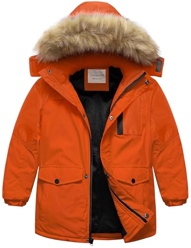 Chrisuno Boys Fleece Jacket Kids Winter Jackets Big Snowsuit Boys' Bubble Puffer Coat Heavyweight Lined Fur Hooded Water-Resistant Snow Parka Orange 6-7