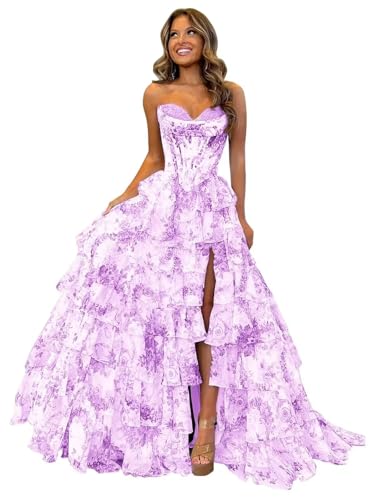 Strapless Tiered Corset Floral Print Prom Dresses with Slit 2026 Chiffon Tulle Ball Gown Fairy Formal Evening Gowns Sweetheart Pageant Dress Lilac US2