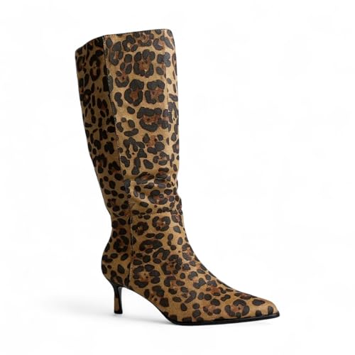 ABSOLEX Women Fashion Pointed-Toe w/Side Zipper Knee-High Kitten Heel Boots, Leopard suede, 8