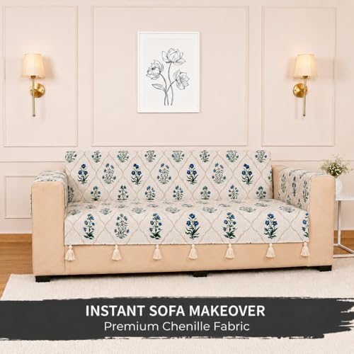 Image of STITCHNEST 'Eden Weaves Collection Series' 3 Seater Sofa Cover | Full Coverage with Armrest Pockets | Elegant Woven Fabric, Decorative Tassels, Washable & Durable for Modern Living