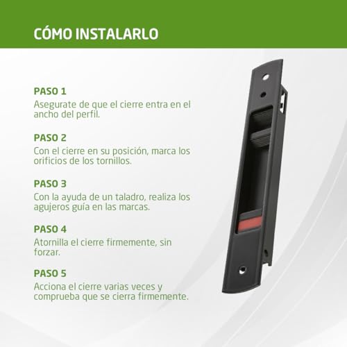 Miniatura 5 de Amig - Cierre De Embutir Para Ventanas Y Puertas Correderas De Aluminio - Cerradura De Gancho Para Empotrar - Medidas: 192 X 28 Mm - Color Negro - Canto Cuadrado - Instalación Con Tornillos
