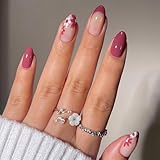 24 Pcs Flower Press on Nails Short Almond Nail Tips,YEFIUO Nude Pink Fake Nails Press ons Bean Paste Color French Glue on Nails Acrylic Nail Art Kit Full Cover False Nails with Flower Design for Ma'am