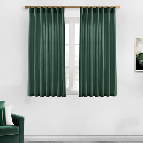 Image of XTMYI Emerald Dark Green Back Tab /Hook Belt Linen Cotton Sheer Curtains for Bathroom 45 Inch Length