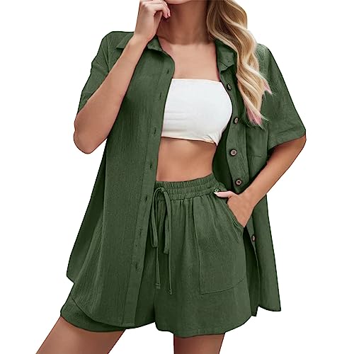 Generisch Conjunto de ropa deportiva para mujer, monocolor, pantalones cortos de verano, camisa, camiseta de dos piezas, camisa, trajes delgados, premamá, verde, M