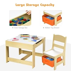 Costzon Kids Table and Chair Set 3 in 1 Wooden Activity Table with Storage Drawer Detachable Tabletop for Children Drawing Reading Art Craft Playroom Nursery Toddler Table and Chair Set Natural