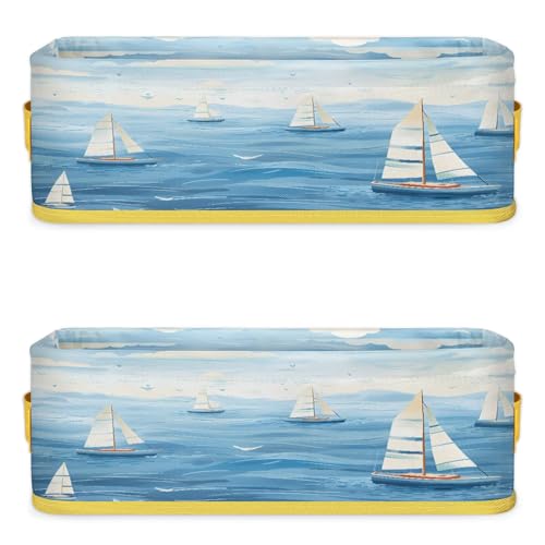 Sailboat Ocean Bathroom Storage Basket Waterproof Foldable Storage Bins with Handles Decorative Toilet Paper Storage Basket for Organizing for House Bathroom Toiletries Set of 2