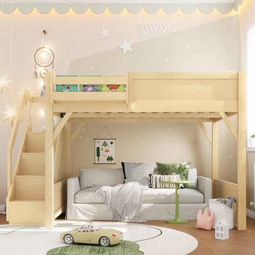 Image of KEIKI Solid Wood Full Size Loft Bed Frame with Stairs, Built-in Wardrobe and Storage Space, Full Loft Bed with Shelves, Full-Length Guardrails, No Box Spring Needed for Bedroom, Natural