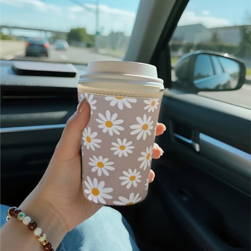 Image of Reusable Insulated Sleeve for Iced Coffee Cup, Coffee Neoprene Sleeve for Cold & Hot Drinks, Beverage Holder for Iced Coffee (Sunny Daisies, Medium: 22-24oz)