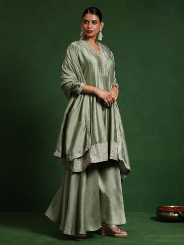 Varanga Women Zari & Sequin Embroidery Neck Flared Anarkali With Sharara And Dupatta