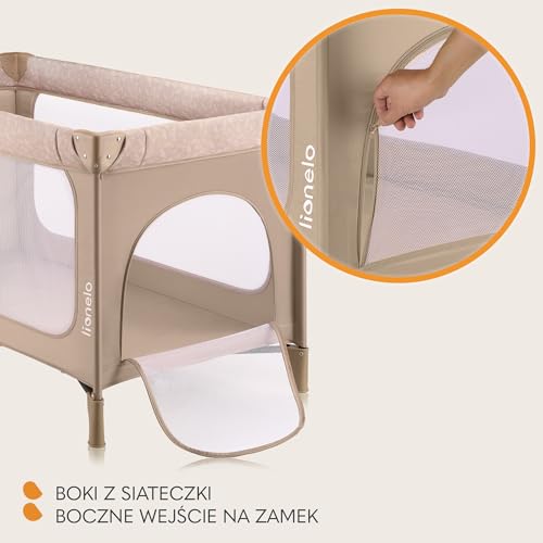 LIONELO Jasmin Easy Fold Łóżeczko Turystyczne Dziecięce do 15 kg od 0 do 36 miesięcy Piankowy Materac T25, 2 Poziomy Wysokości, Szybkie Składanie Easy Fold, Boczne Wejście, Kółka (Beżowy)