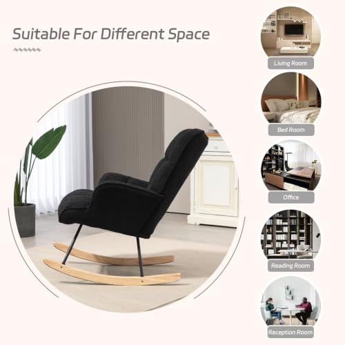Image of SAETSFEG Rocking Chair Nursery Teddy Upholstered Glider Rocker Rocking Accent Chair Padded Seat with High Backrest Armchair Comfy Side Chair for Living Room Bedroom Offices (Black Teddy)